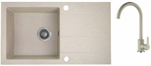 AQUAFORM - zlewozmywak granitowy MARANELLO 440 X 760 X 194 - 1 komora z ociekaczem, BEŻOWY + syfon oszczędzający miejsce z korkiem automatycznym + bateria stojąca z wylewką U  AQ.901-1012501