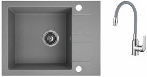 AQUAFORM - zlewozmywak granitowy MARANELLO 440 X 570 X 215 - 1 komora z 1/2 ociekacza, SZARY + syfon oszczędzający miejsce z korkiem automatycznym + bateria stojąca z wylewką elastyczną  AQ.901-1013506