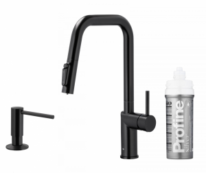 ARMATURA KRAKÓW KFA DUERO PURE STYLE bateria kuchenna z funkcją filtracji wody i wyciąganą wylewką, BLACK + zestaw filtrujący PROFINE SILVER S 6623-314-81+ dozownik płynu do naczyń 990-100-81