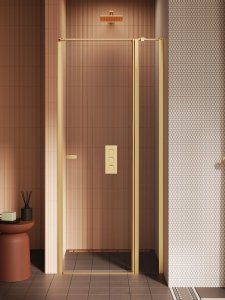 NEW TRENDY Drzwi wnękowe NEW SOLEO GOLD BRUSHED 1D U 100x195 szkło czyste 6mm Active Shield 2.0 - z elementem stałym  - wsp. Równoległy D-0772A-WK