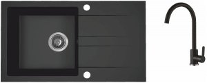 AQUAFORM - zlewozmywak granitowy MARANELLO 440 X 760 X 194 - 1 komora z ociekaczem, CZARNY MONO + syfon oszczędzający miejsce z korkiem automatycznym + bateria stojąca z wylewką U  AQ.901-1019501