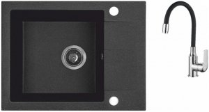 AQUAFORM - zlewozmywak granitowy MARANELLO 440 X 570 X 215 - 1 komora z 1/2 ociekacza, CZARNY + syfon oszczędzający miejsce z korkiem automatycznym + bateria stojąca z wylewką elastyczną  AQ.901-1011506 