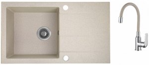 AQUAFORM - zlewozmywak granitowy MARANELLO 440 X 760 X 194 - 1 komora z ociekaczem, BEŻOWY + syfon oszczędzający miejsce z korkiem automatycznym + bateria stojąca z wylewką elastyczną  AQ.901-1012505
