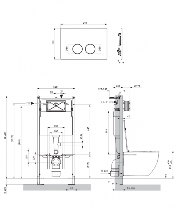OMNIRES STRONGFRAME stelaż podtynkowy do miski toaletowej + MINIMAL przycisk spłukujący FLUSH SET czarny mat STFWC1M-RBLM