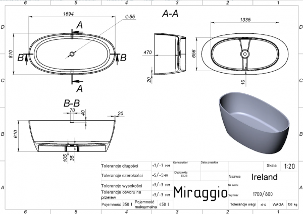 MIRAGGIO Wanna wolnostojąca 170x80 IRELAND 69125523