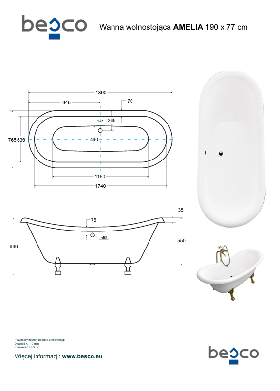 BESCO - Wanna wolnostojąca Amelia 190x77 nogi złote #WKA-190W+ZL