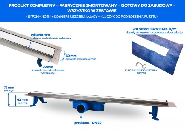 OKEDA Odpływ liniowy PRIME LINE WHITE GLASS 100cm - białe szkło  20100.06