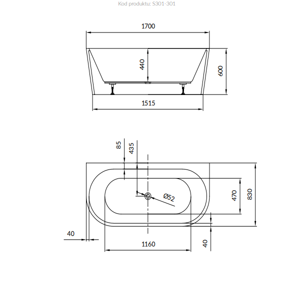 CERSANIT - Wanna wolnostojąca przyścienna CREA 170x83  S301-301