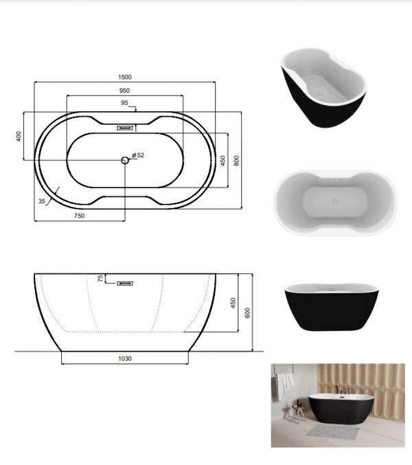 BESCO Wanna wolnostojąca Navia Matt B&amp;W 150x80 + maskownica syfonu z przelewem złota #WAS-150NMZL