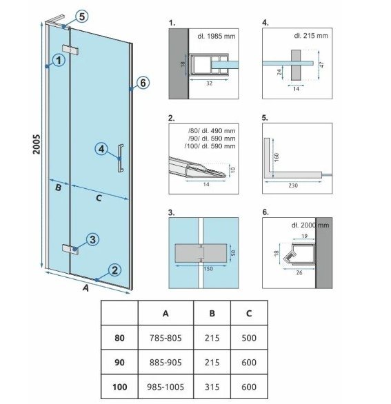 REA - Drzwi prysznicowe składane, łamane HUGO 100 Black / Czarne + listwa magnetyczna wymagana do montażu we wnęce