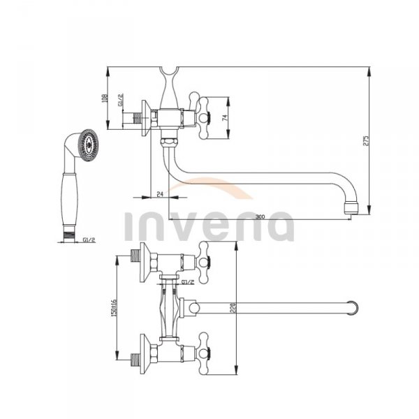 INVENA - Bateria wannowa z widełkami i wylewką &quot;S&quot; ROMA  BW-24-00S-L