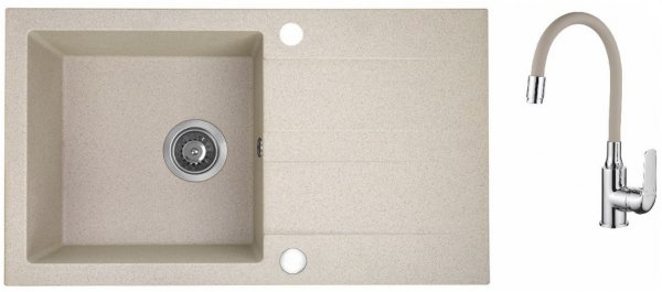 AQUAFORM - zlewozmywak granitowy MARANELLO 440 X 760 X 194 - 1 komora z ociekaczem, BEŻOWY + syfon oszczędzający miejsce z korkiem automatycznym + bateria stojąca z wylewką elastyczną  AQ.901-1012505
