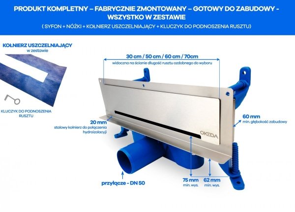 OKEDA Odpływ ścienny PRIME LINE WALL 50cm ruszt stal pełna  20500.WS