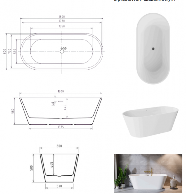 BESCO Wanna wolnostojąca Deeva 180x80 + maskownica odpływu biała #WWA-180-DBI