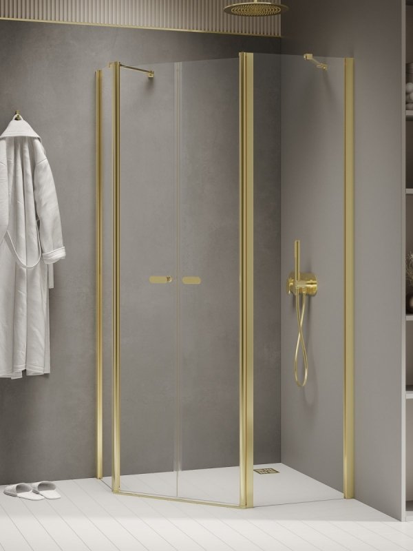 NEW TRENDY Kabina prysznicowa New Soleo Light Gold, pięciokątna, asymetryczna, drzwi podwójne 100x80 K-1669