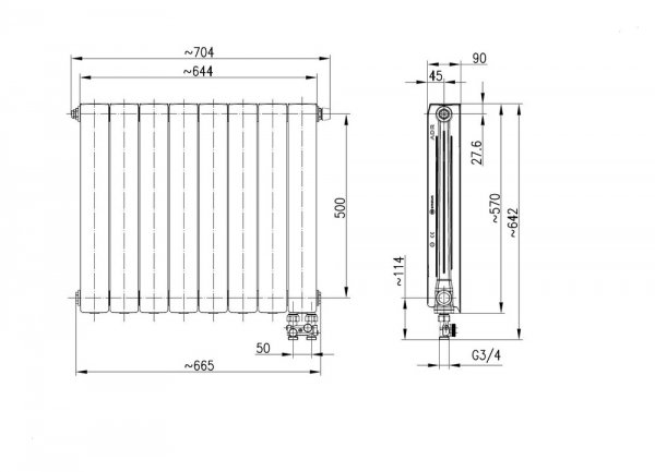 ARMATURA KRAKÓW KFA Grzejnik aluminiowy ADR500/D/8 z dolnym prawym zasilaniem prostym 763-082-44