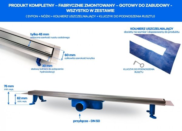OKEDA Odpływ liniowy PRIME LINE 90cm - dwustronny - ruszt pod płytkę  20900.01
