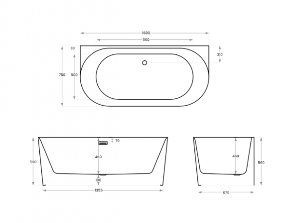 CORSAN Wanna przyścienna MONO Slim 160 cm Korek klik klak Czarny E029LSBL 