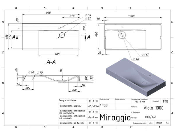 MIRAGGIO Umywalka VIOLA 1000 R 8813427