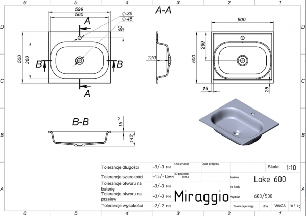 MIRAGGIO Umywalka LAKE 600 MAT  8815036