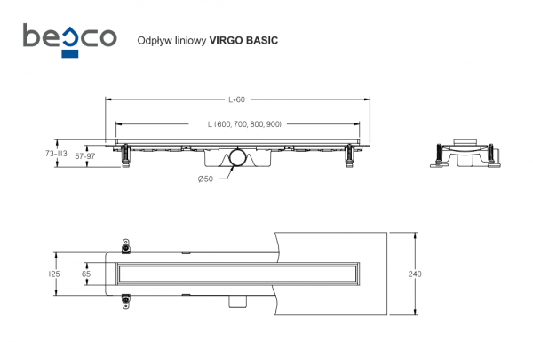 BESCO Odpływ prysznicowy liniowy Virgo Basic 90 OL-90-VB