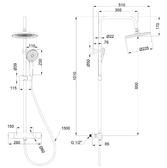 INVENA - Deszczownia z baterią natryskową VOLOS chrom  AU-37-T01-V