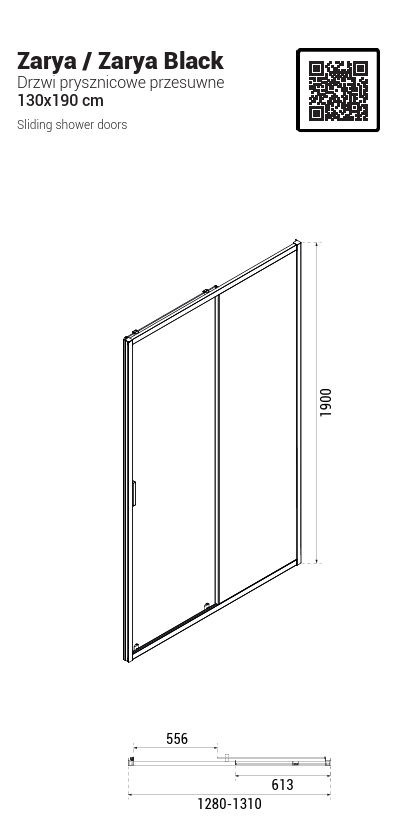 BESCO Drzwi prysznicowe przesuwne Zarya Black 130 DZB-130