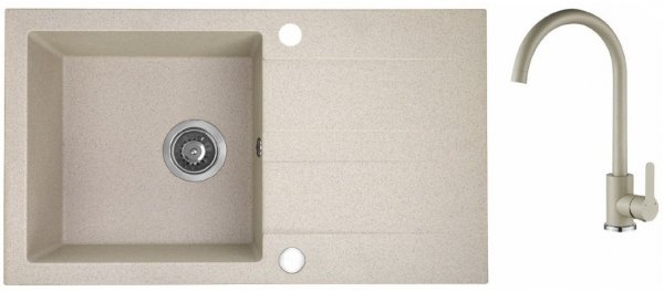 AQUAFORM - zlewozmywak granitowy MARANELLO 440 X 760 X 194 - 1 komora z ociekaczem, BEŻOWY + syfon oszczędzający miejsce z korkiem automatycznym + bateria stojąca z wylewką U  AQ.901-1012501