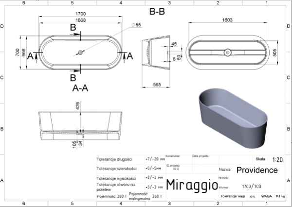 MIRAGGIO Wanna wolnostojąca PROVIDENCE 170x70cm biała matowa 0000277