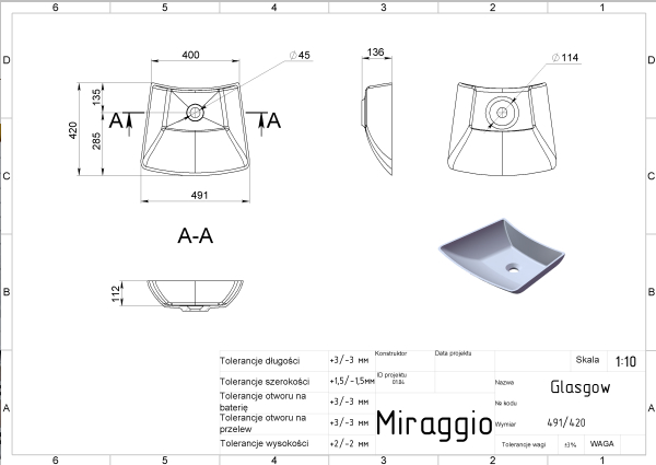 MIRAGGIO Umywalka nablatowa GLASGOW biała 0000530