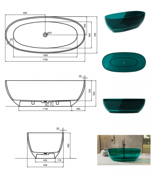 BESCO Wanna wolnostojąca Mexa Ocean Breeze 170x78 maskownica czarny matt #WAM-170-OBB