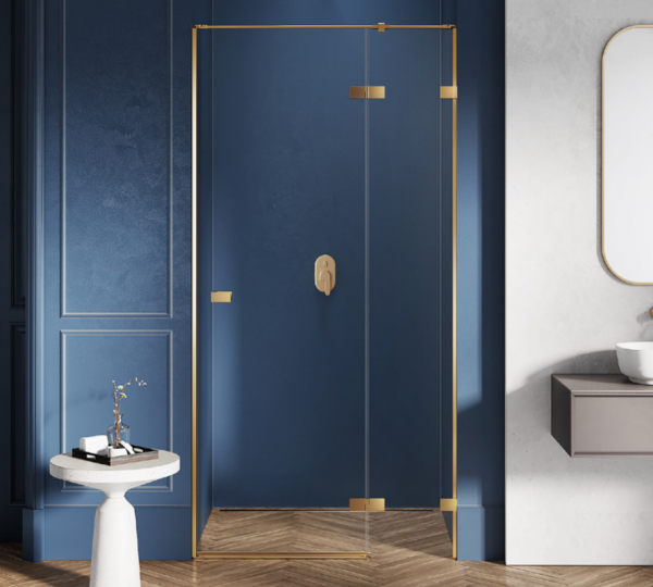 NEW TRENDY Drzwi wnękowe AVEXA GOLD BRUSHED 1D P 90x200 szkło czyste 6mm Active Shield 2.0 złoto szczotkowane EXK-1717