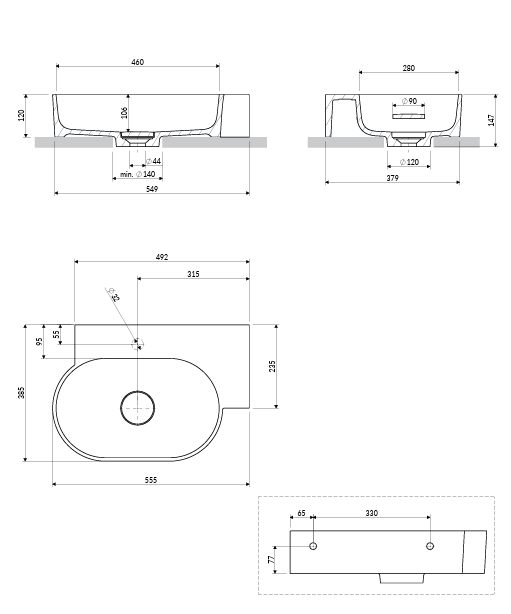 OMNIRES umywalka nablatowa/wisząca OVO M+ prawa, 55 x 38 cm black lava mat OVO555UWPBLV