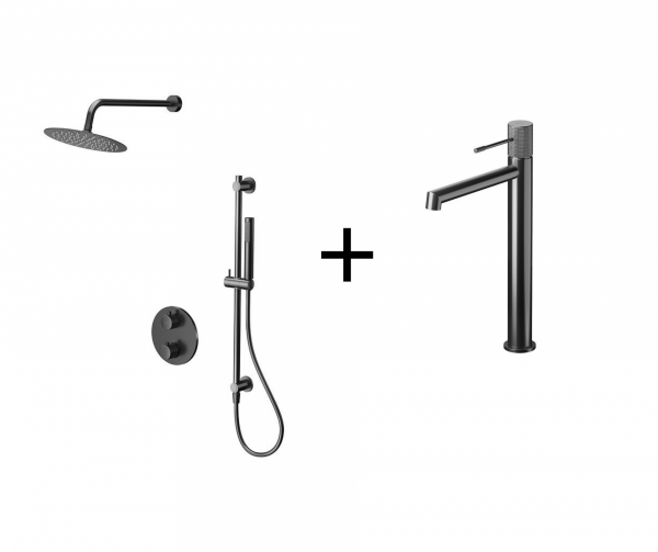 CERSANIT - Set B916 zestaw podtynkowy ZEN gun metal z baterią termostatyczną z boksem  S952-046 + Bateria umywalkowa sztorcowa wysoka ZEN gun metal S951-599