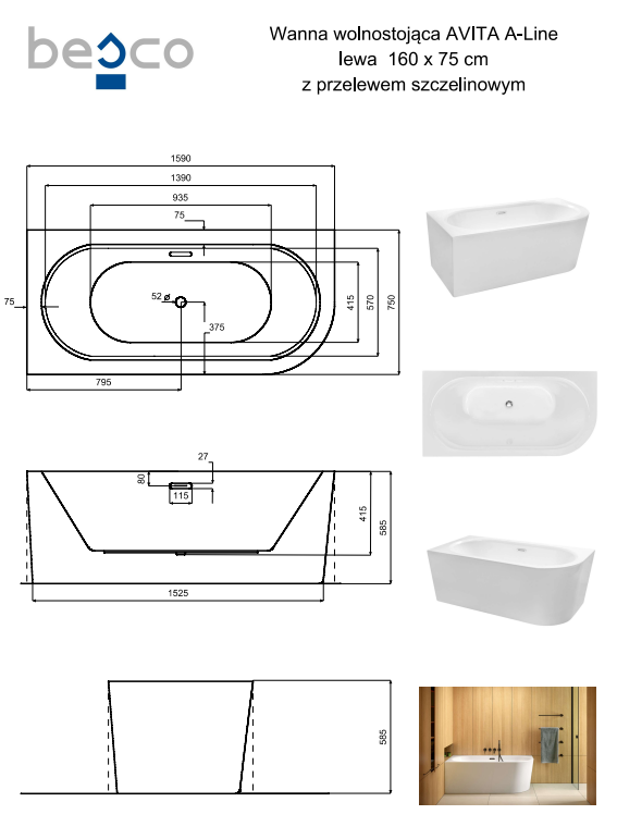 BESCO Wanna wolnostojąca Avita A-line 160 P/L + syfon klik-klak chrom z przelewem slim  #WAA-160ALS - APS