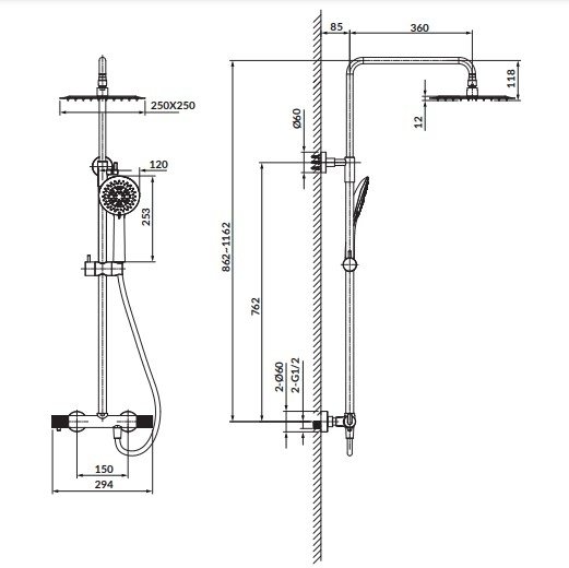 CERSANIT - Kolumna natryskowa ZEN by Cersanit czarny gun metal z baterią termostatyczną  S951-784