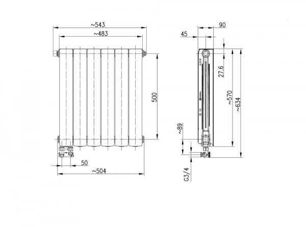 ARMATURA KRAKÓW KFA Grzejnik aluminiowy ADR500/D/6 z dolnym lewym zasilaniem kątowym 763-063-44