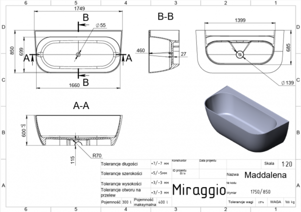 MIRAGGIO Wanna wolnostojąca przyścienna MADDALENA 175x85 0001162