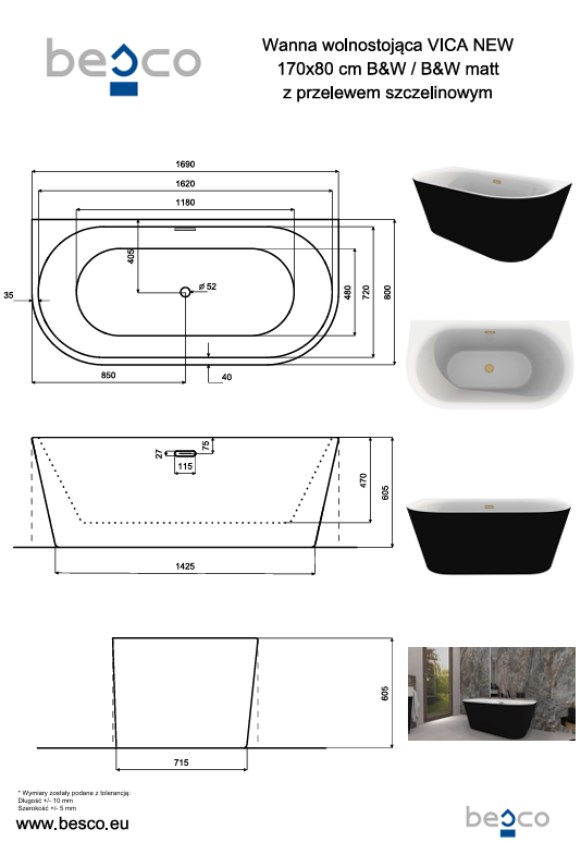 BESCO Wanna wolnostojąca Vica New B&amp;W 170 + klik-klak biały z przelewem slim #WAS-17VNBBI