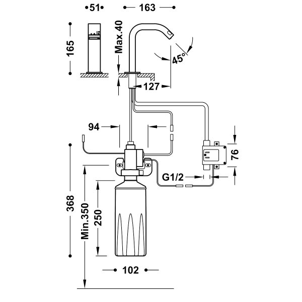 TRES - Bateria umywalkowa TEMPO BASE-TRES elektroniczna jednostrumieniowa uruchamianie za pomocą czujnika na podczerwień z automatycznym dozownikiem mydła  39210304