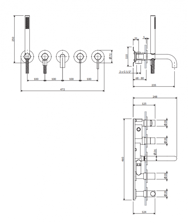 OMNIRES Bateria wannowa 5-otworowa podtynkowa nikiel Y1237-1SNI