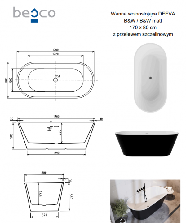 BESCO Wanna wolnostojąca Deeva Matt B&amp;W 170x80 + maskownica odpływu gun metal #WWA-170DMBM