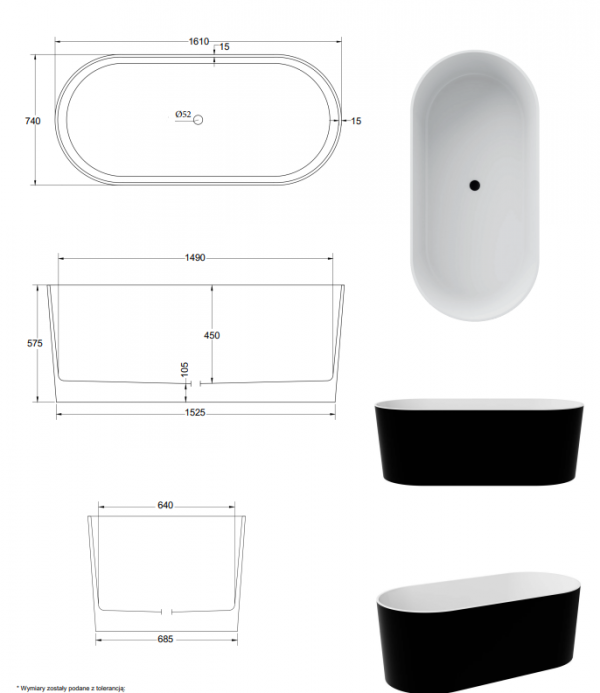 BESCO Wanna wolnostojąca Lova Matt B&amp;W 160 + klik-klak chrom czyszczony od góry #WMM-160LBKC