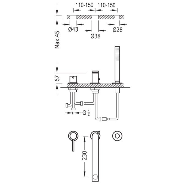 TRES Bateria wannowa MAX jednouchwytowa z montażem na krawędzi wanny-06216102