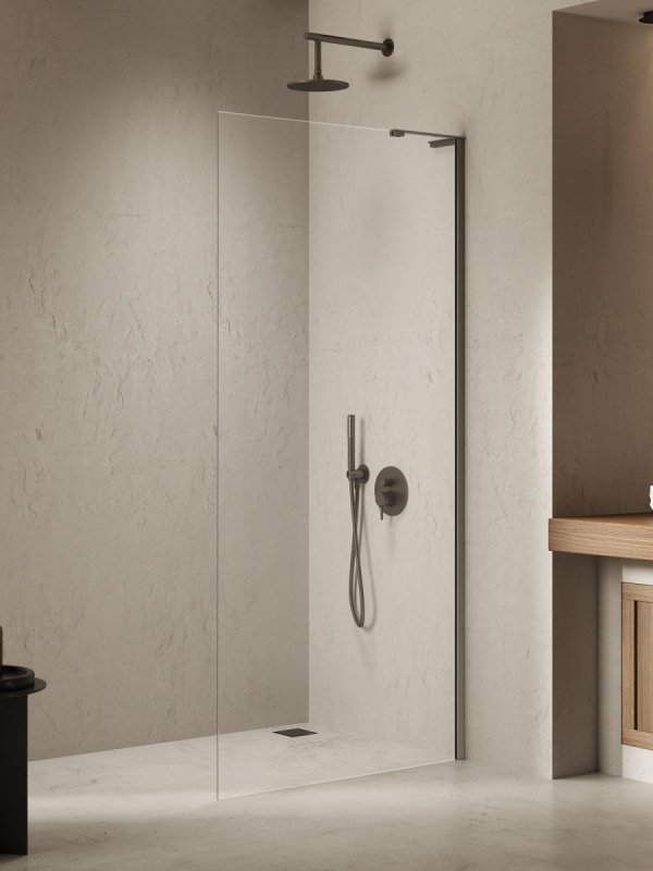 NEW TRENDY Kabina prysznicowa NESTA GUNMETAL BRUSHED WALK-IN U 70x200 szkło czyste 8mm Active Shield 2.0 - WSPORNIK KĄTOWY K-1754-WL