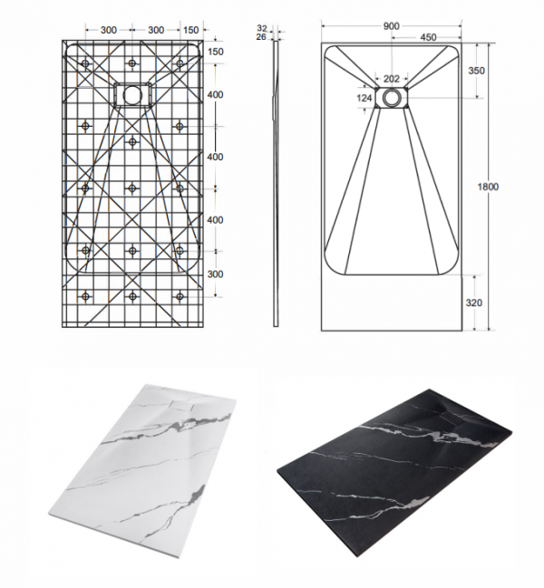 BESCO Brodzik prostokątny 180x90 Vexo Marble Black 180 VMB-180-90-P