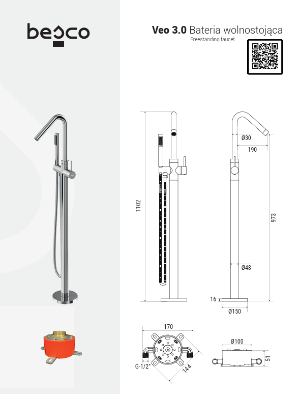 BESCO Bateria wannowa wolnostojąca Veo 3.0 czarny matt BW-V3-CZ