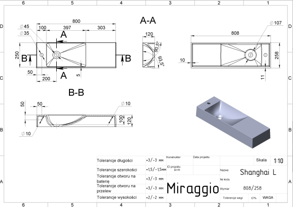 MIRAGGIO Umywalka 80x25 SHANGHAI Lewa biała matowa 0000691