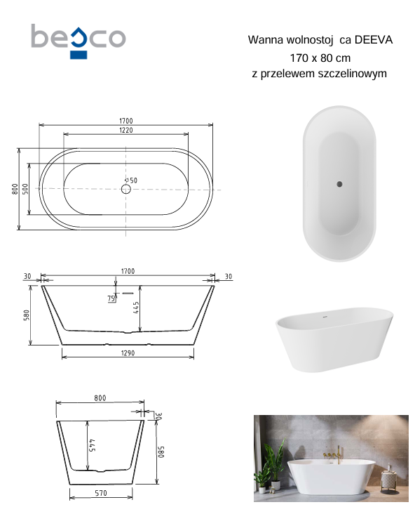 BESCO Wanna wolnostojąca Deeva Glam Grafitowa 170x80 + syfon chrom #WWA-170DGGC