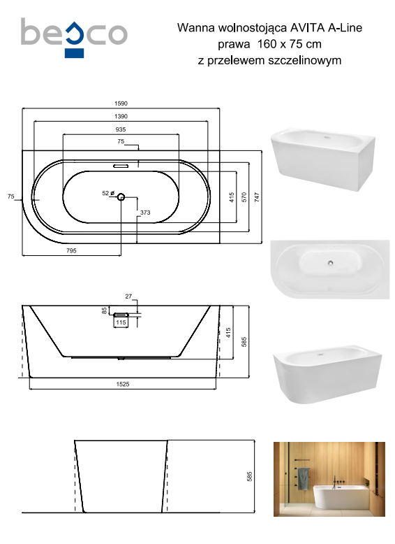 BESCO Wanna wolnostojąca Avita A-line 160 P + syfon klik-klak gun metal z przelewem slim #WAA-160APGS